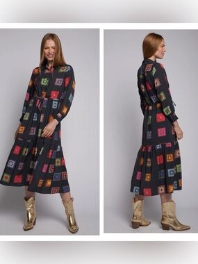 Vilagallo Dress. Size 42 (U.S. 8) Women’s Black Patchwork Print Midi Dress